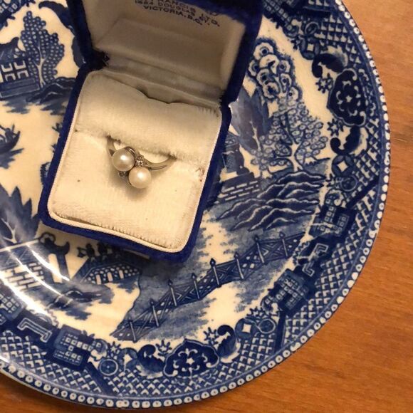 💛 10k White Gold Vintage Pearl & Diamond Ring - Picture 5 of 8